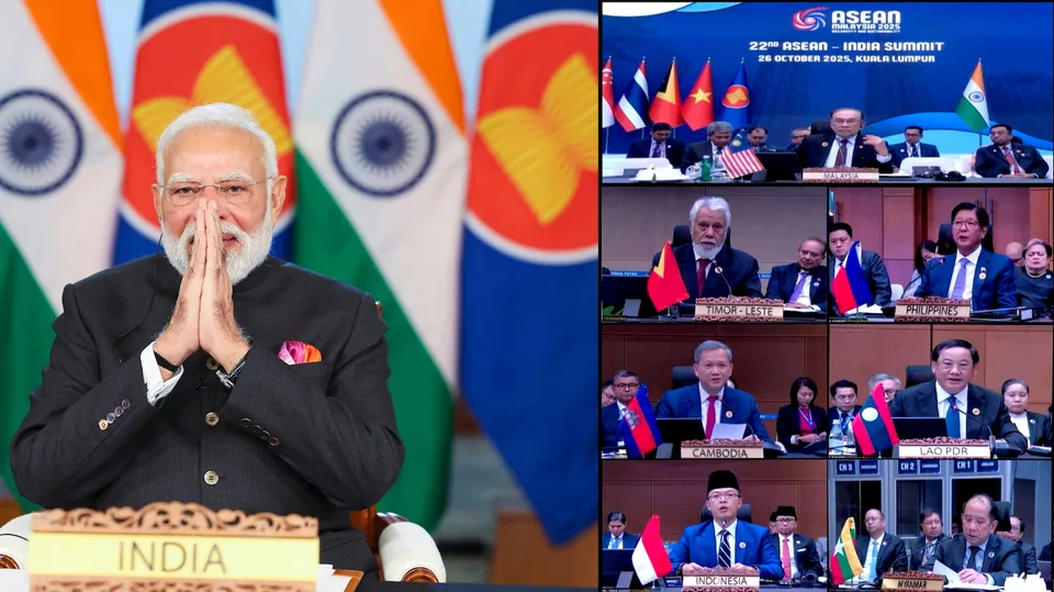 Narendra Modi virtually addresses the India-ASEAN (Association of Southeast Asian Nations) Annual Summit via video conferencing, in New Delhi on Sunday, Oct 26, 2025.