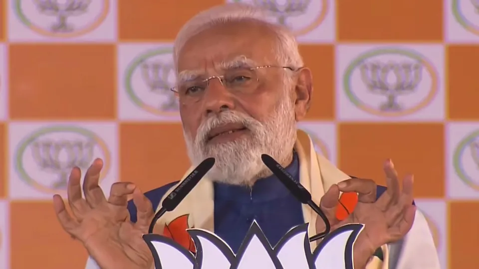 Narendra Modi addresses a public meeting ahead of Bihar Assembly elections, in Nawada, Bihar, on November 2, 2025.