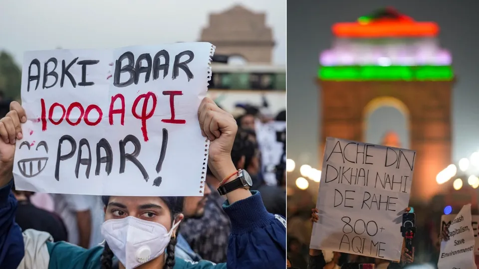 Demonstrators hold placards during a protest over the deteriorating air quality in the national capital region, in New Delhi, Sunday, Nov. 9, 2025.