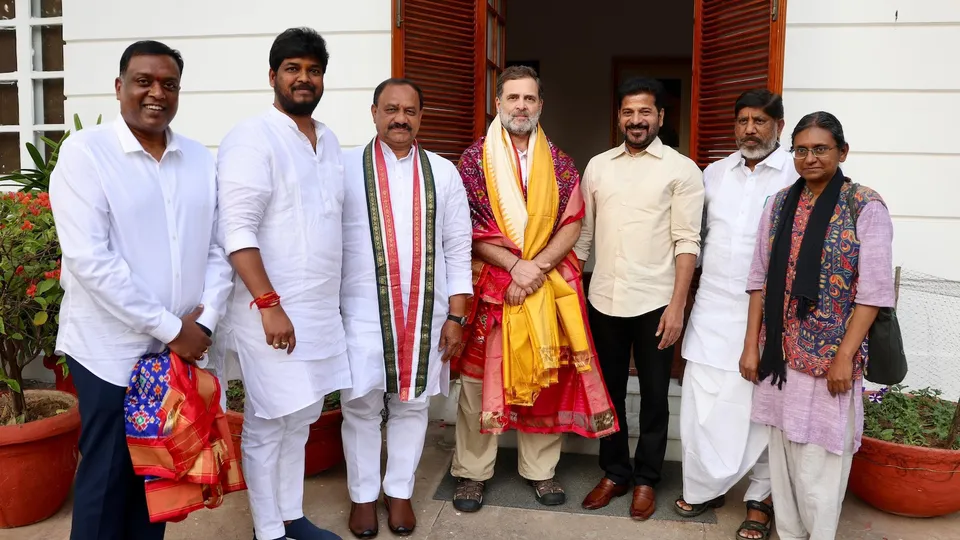 Rahul Gandhi with A Revanth Reddy and Naveen Yadav in New Delhi on Saturday, Nov 15, 2025.