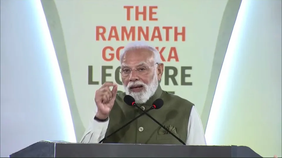 Prime Minister Narendra Modi addresses the gathering at the 6th Ramnath Goenka Lecture in New Delhi on Monday, Nov 17, 2025.