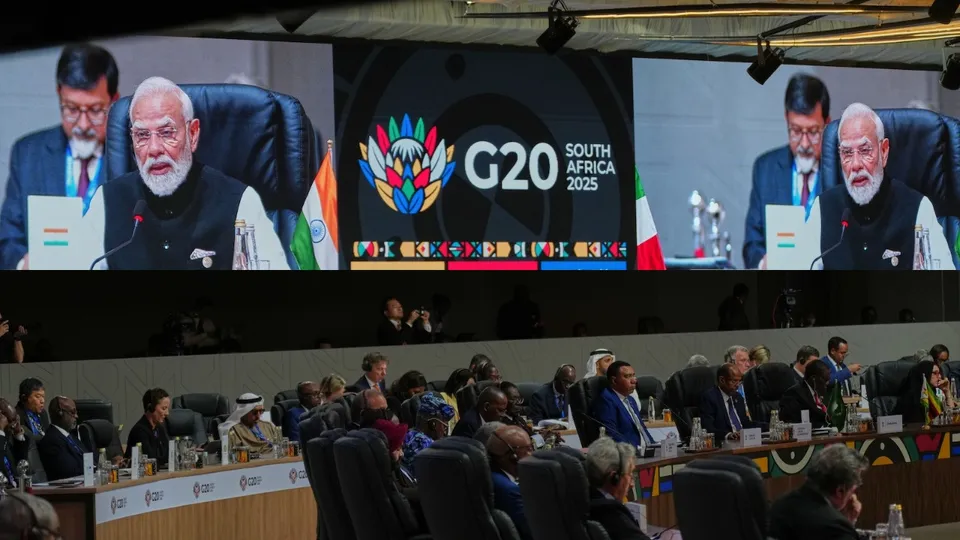 Delegates listen to Indian Prime Minister Narendra Modi address the plenary session of the G20 leaders' summit in Johannesburg, South Africa, Saturday, Nov. 22, 2025.