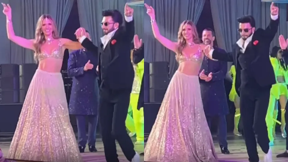 Ranveer Singh dances with Donald Trump Jr's girlfriend Bettina Anderson in Udaipur at the Sangeet ceremony of Netra Mantena and Vamsi Gadiraju on Friday, November 21, 2025.