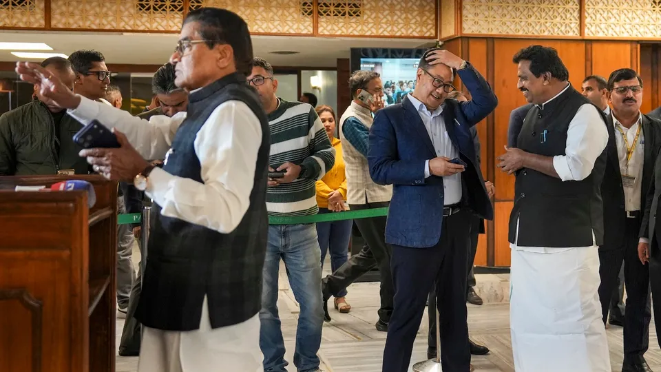 Union Minister of Parliamentary Affairs Kiren Rijiju, Samajwadi Party MP Ram Gopal Yadav, Congress MP K Suresh and others during the all-party meeting ahead of Parliament's winter session, in New Delhi, Sunday, Nov. 30, 2025.