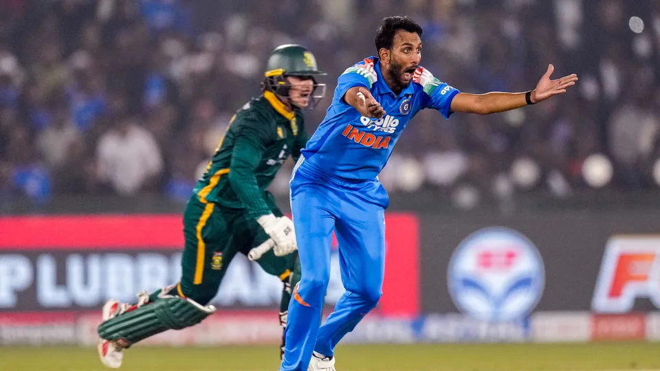 Prasidh Krishna celebrates the wicket of South Africa's Matthew Breetzke during the second ODI cricket match of a series between India and South Africa, at Shaheed Veer Narayan Singh International Stadium, in Raipur, Chhattisgarh, Wednesday, Dec. 3, 2025.