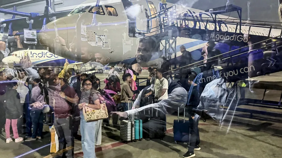 An IndiGo flight from Raipur lands at Chhatrapati Shivaji Maharaj International Airport's Terminal 2, in Mumbai, Friday, Dec. 5, 2025.