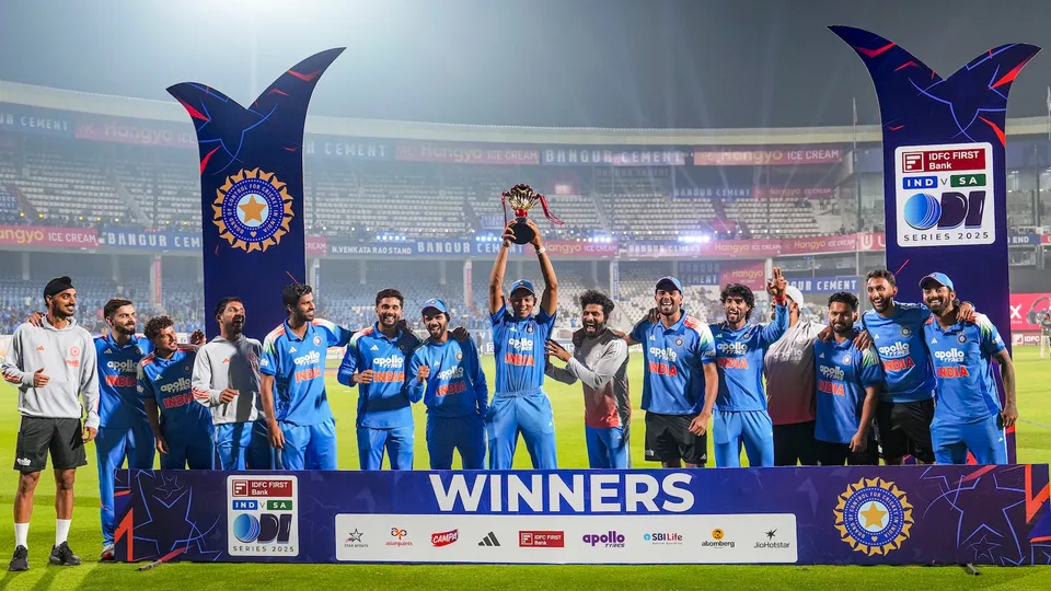 ndian players pose for a group picture after the team won the third ODI cricket match of a series against South Africa, at ACA-VDCA Cricket Stadium, in Visakhapatnam, Andhra Pradesh, Saturday, Dec. 6, 2025.