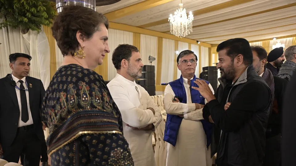 Priyanka Gandhi Vadra, Rahul Gandhi, Pawan Khera and Revanth Reddy at a dinner hosted by Sharad Pawar in New Delhi on Wednesday, December 10, 2025.