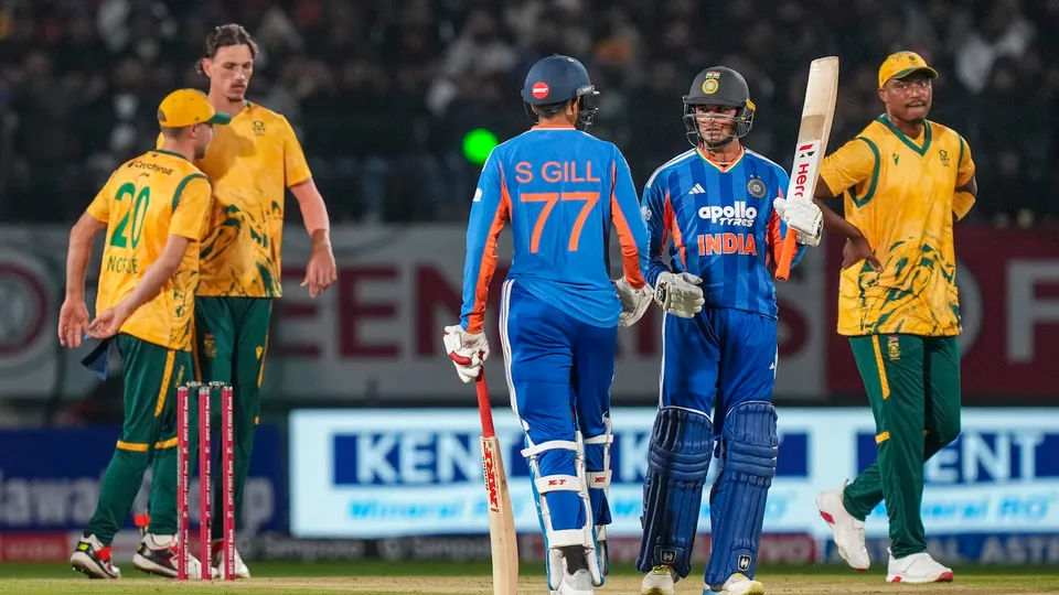 Shubman Gill and Abhishek Sharma amid an unsuccessful DRS review during the third T20 International cricket match of a series between India and South Africa, at HPCA Stadium, in Dharamshala, Himachal Pradesh, Sunday, Dec. 14, 2025.