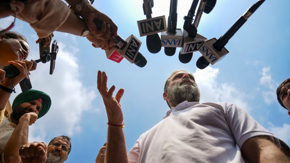 Rahul Gandhi speaks with the media during the Monsoon session of Parliament, in New Delhi, Thursday, July 24, 2025.