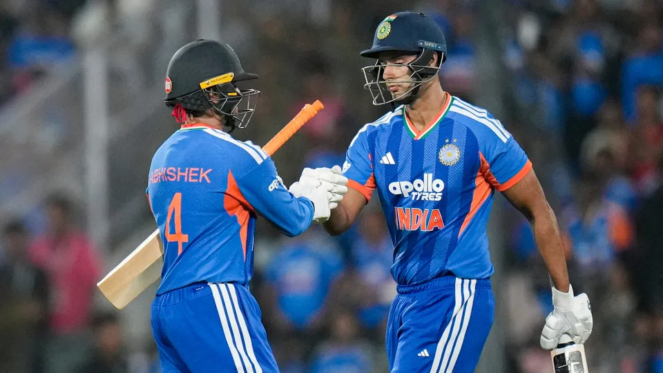 Abhishek Sharma, left, with Shivam Dube after his dismissal by New Zealand's Kyle Jamieson during the first T20I cricket match between India and New Zealand, at Vidarbha Cricket Association Stadium in Nagpur, Maharashtra, Wednesday, Jan. 21, 2026.