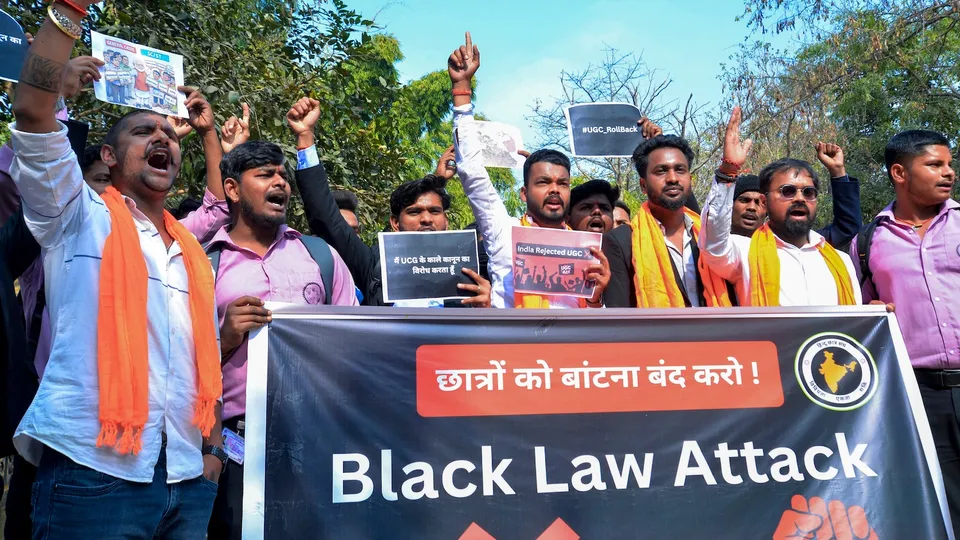 Members of various organizations stage a protest against the new University Grants Commission (UGC) regulations, in Ranchi, Tuesday, Jan. 27, 2026.