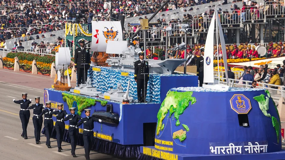 The Indian Navy tableau rolls past during the 77th Republic Day Parade at Kartavya Path, in New Delhi, Monday, Jan. 26, 2026.