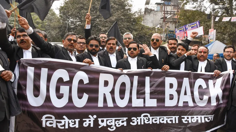 Advocates of the Allahabad High Court hold a protest against the UGC Bill 2026, which introduces stricter rules to curb caste-based discrimination in higher education, in Prayagraj, Thursday, Jan. 29, 2026.