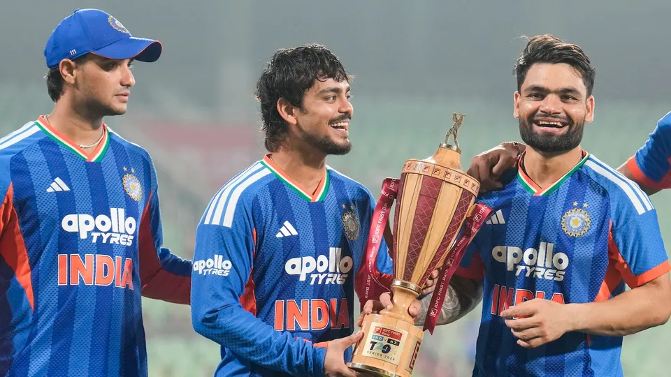 From left, India’s Abhishek Sharma, Ishan Kishan and Rinku Singh celebrate with the championship trophy during the presentation ceremony after winning the T20 International cricket match series against New Zealand, at the Greenfield International Stadium, in Thiruvananthapuram, Kerala, Saturday, Jan. 31, 2026.