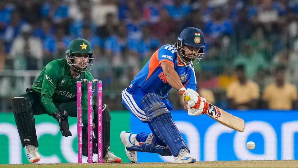 Ishan Kishan plays a shot during an ICC Men's T20 World Cup 2026 cricket match between India and Pakistan, at R Premadasa Stadium, in Colombo, Sri Lanka, Sunday, Feb. 15, 2026.