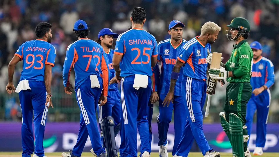 Hardik Pandya celebrates with teammates after taking the wicket of Pakistan's Sahibzada Farhan during an ICC Men's T20 World Cup 2026 cricket match between India and Pakistan, at R Premadasa Stadium, in Colombo, Sri Lanka, Sunday, Feb. 15, 2026.