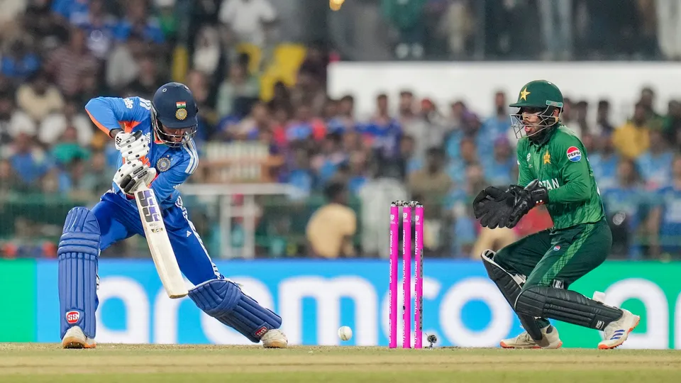 Tilak Varma plays a shot during an ICC Men's T20 World Cup 2026 cricket match between India and Pakistan, at R Premadasa Stadium, in Colombo, Sri Lanka, Sunday, Feb. 15, 2026.