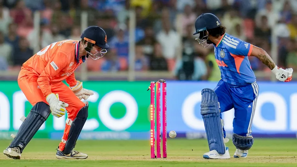 Ishan Kishan being bowled by Netherlands' Aryan Dutt during an ICC Men's T20 World Cup 2026 cricket match between India and Netherlands, at the Narendra Modi Stadium, in Ahmedabad, Wednesday, Feb. 18, 2026.