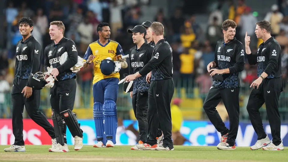 New Zealand's players celebrate and walk of the field after winning the T20 World Cup cricket match between Sri Lanka and New Zealand in Colombo, Sri Lanka, Wednesday, Feb. 25, 2026.