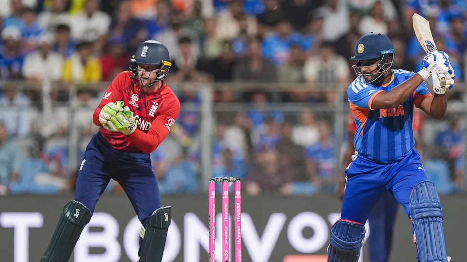 Sanju Samson plays a shot during the ICC Men's T20 World Cup 2026 second semifinal cricket match between India and England at Wankhede Stadium, in Mumbai, Thursday, March 5, 2026.