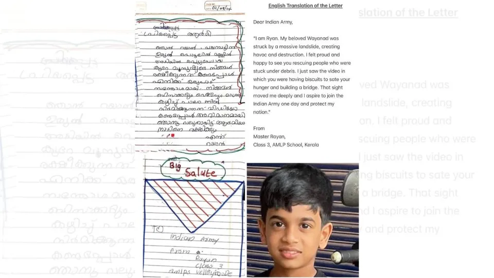 A letter penned by a school student lavishing praise on soldiers involved in rescue operations in landslide-hit Wayanad