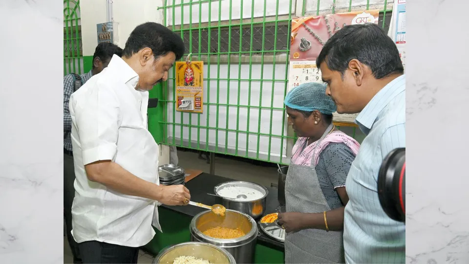 Tamil Chief Minister Mk Stalin inspects the food during his visits to Amma restaurant Thanampet area of Chennai Corporation