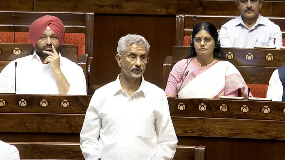 Union External Affairs Minister S. Jaishankar speaks in the Rajya Sabha during the Monsoon session of Parliament, in New Delhi, Tuesday, Aug. 6, 2024.