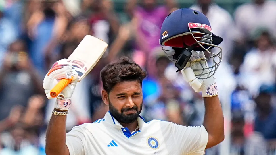 Rishabh Pant celebrates his century on the third day of the first test cricket match between India and Bangladesh, at the MA Chidambaram Stadium, in Chennai, Saturday, Sept. 21, 2024.