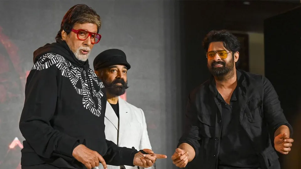 Amitabh Bachchan, Kamal Haasan and Prabhas during a promotional event of their upcoming Indian epic science fiction dystopian film 'Kalki 2898 AD' in Mumbai