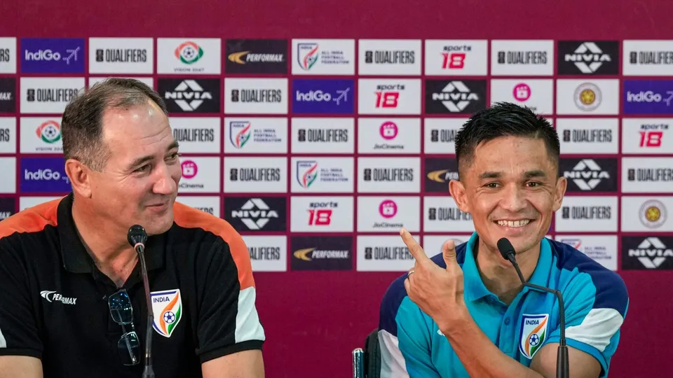 Indian national football team captain Sunil Chhetri and coach Igor Stimac during an interaction with the media prior to the FIFA World Cup 2026 and AFC Asian Cup 2027 preliminary joint qualification round two match between India and Kuwait