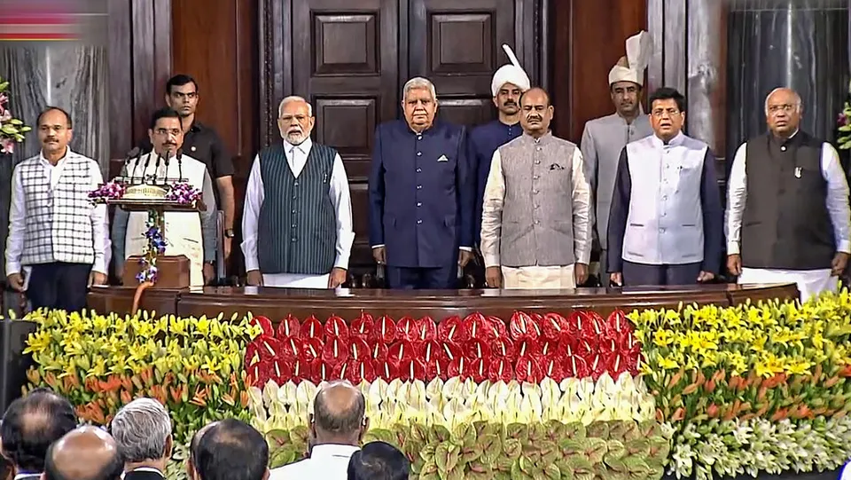 Vice President Jagdeep Dhankhar, Lok Sabha Speaker Om Birla, Prime Minister Narendra Modi, Congress President Mallikarjun Kharge, Union Ministers Pralhad Joshi and Piyush Goyal and Congress MP Adhir Ranjan Chowdhury during an event organised in the Central Hall of Parliament