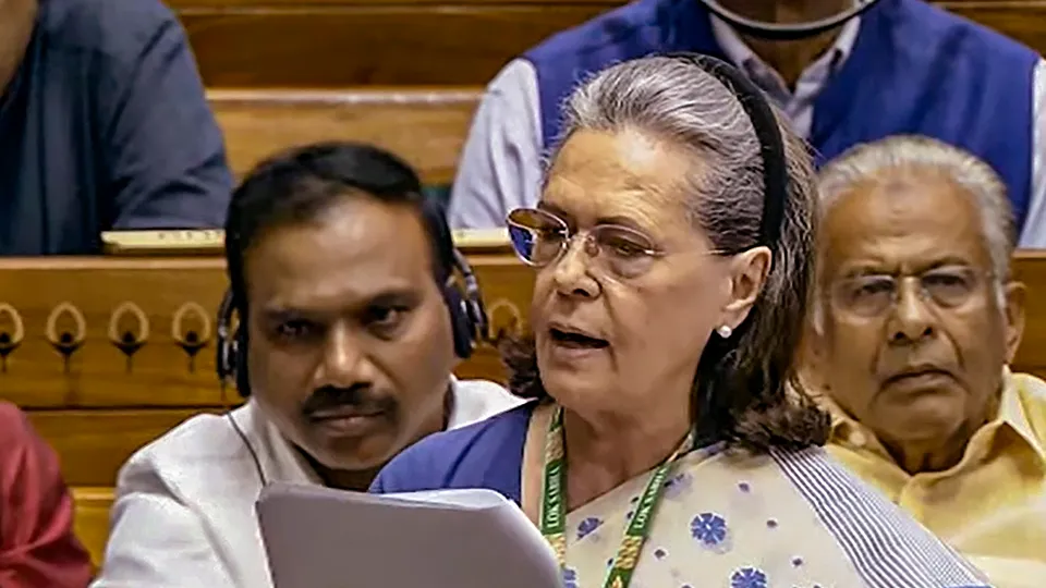 Congress MP Sonia Gandhi speaks in the Lok Sabha during a special session of the Parliament, in New Delhi