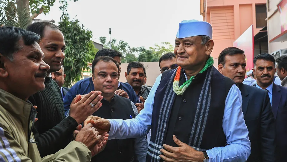 Former Rajasthan chief minister and Congress leader Ashok Gehlot arrives for the Congress Legislature Party (CLP) meeting at party office, in Jaipur