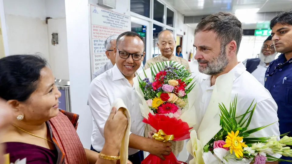 Congress leader Rahul Gandhi being welcomed by party workers upon his arrival at Silchar airport, Monday, July 8, 2024.