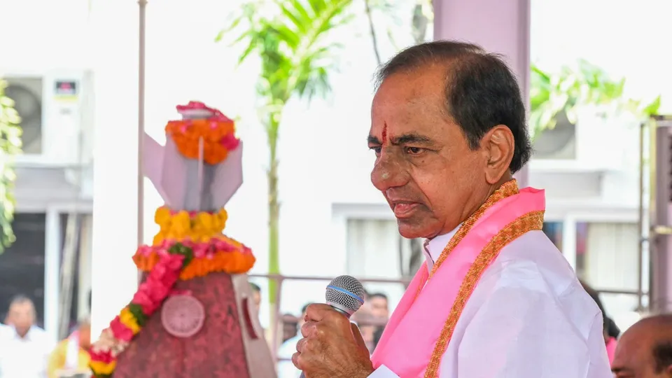 Former Telangana chief minister K. Chandrashekar Rao during celebrations of Telangana Formation Day, at Telangana Bhavan, in Hyderabad, Sunday, June 2, 2024