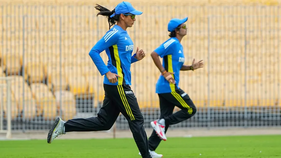 Indian vice captain Smriti Mandhana with teammates during a practice session ahead of the women's one-off test cricket match against South Africa, at MA Chidambaram Stadium, in Chennai, Wednesday, June 26, 2024