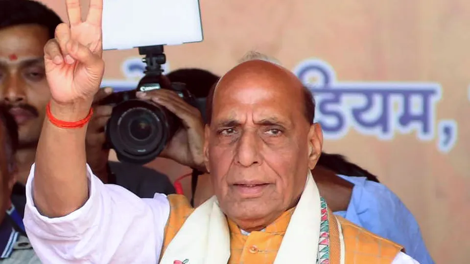 Union Defence Minister and BJP leader Rajnath Singh during a public meeting for Lok Sabha elections, in Saran, Bihar, Thursday, May 2, 2024