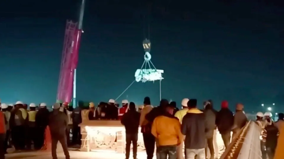 The idol of Ram Lalla being taken inside Shri Ram Janmabhoomi Temple complex through a crane, ahead of its consecration ceremony, in Ayodhya, Wednesday, Jan. 17, 2024. 