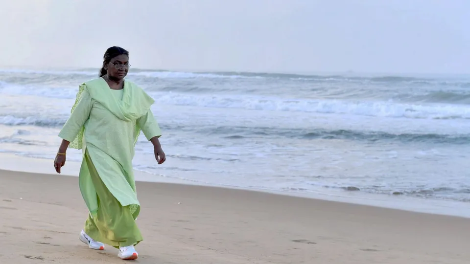 President Droupadi Murmu takes a stroll at Puri beach, Monday, July 8, 2024.