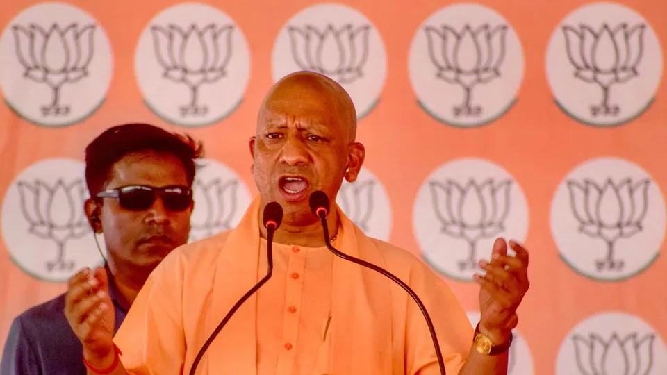 Uttar Pradesh Chief Minister Yogi Adityanath addresses a public meeting for Lok Sabha elections