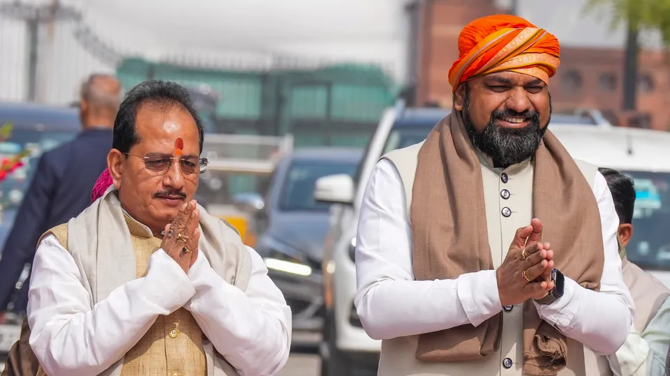 Bihar Deputy Chief Ministers Samrat Choudhary and Vijay Kumar Sinha at Parliament House complex, in New Delhi