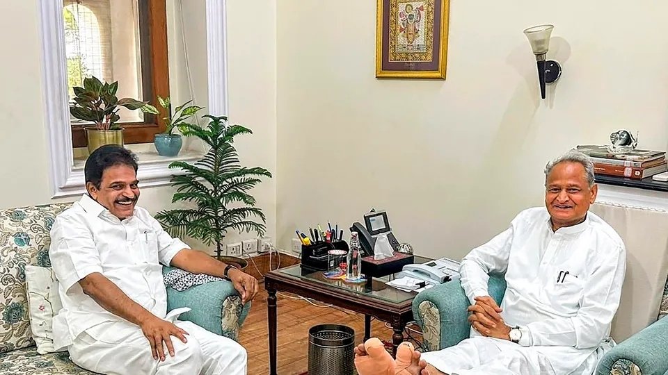 Rajasthan Chief Minister Ashok Gehlot during a meeting with AICC General Secretary and Rajya Sabha MP K.C. Venugopal at his residence, in Jaipur