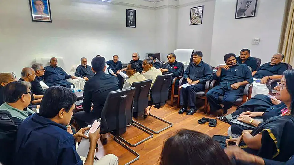 Congress President and Leader of the Opposition in Rajya Sabha Mallikarjun Kharge in a meeting with other leaders of the INDIA alliance parties at his chamber in Parliament House during Monsoon session, in New Delhi, Thursday, July 2
