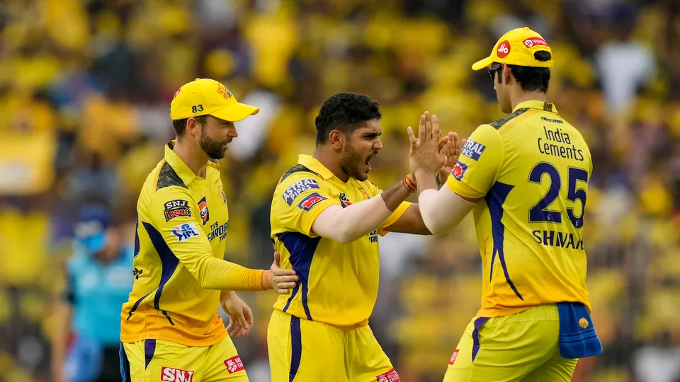 CSK bowler Tushar Deshpande celebrates the wicket of MI batter Tim David on May 6