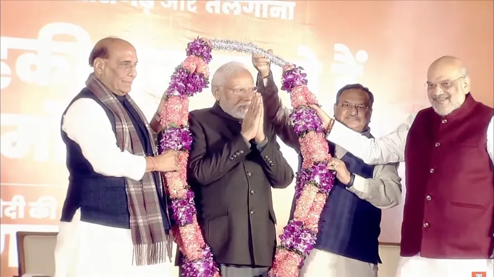 Rajnath Singh, JP Nadda and Amit Shah welcome Narendra Modi at BJP headquarters
