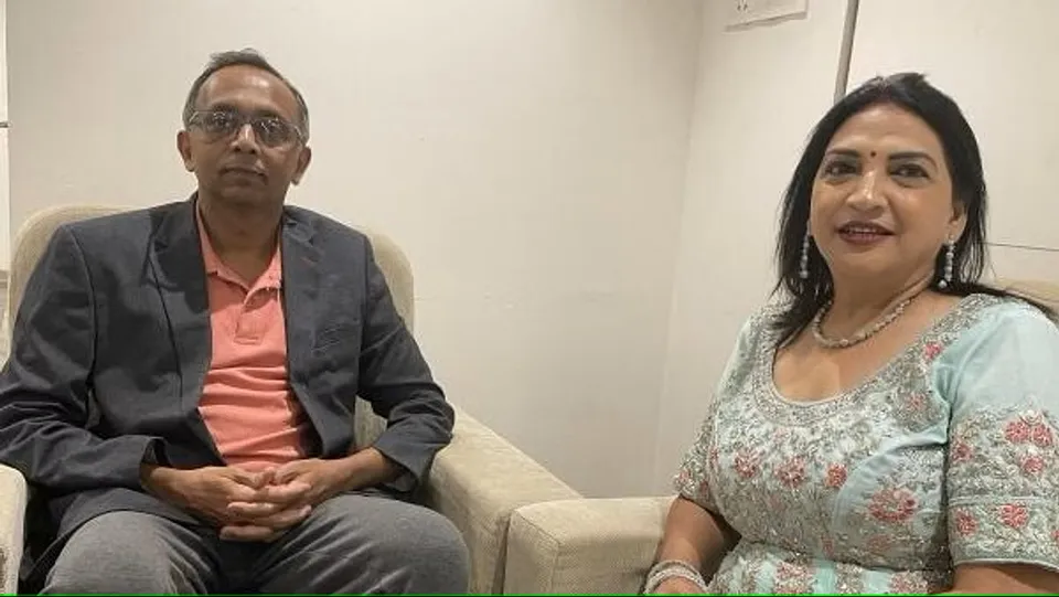 Retired Indian Navy commander B K Verma, who returned to India on Monday after being released from a Qatar jail, with his wife at a function in Indore, Tuesday, February 13, 2024 
