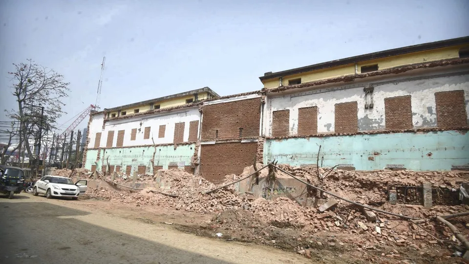 A view of the historic Women Hospital building of the Patna Medical College and Hospital (PMCH) shorn of its iconic frontage after demolition work, in Patna