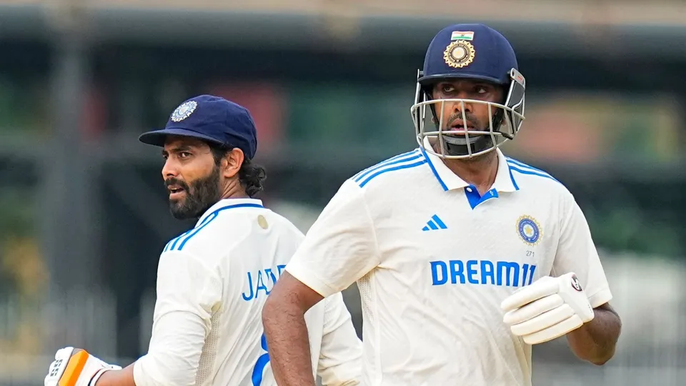 Ravichandran Ashwin and Ravindra Jadeja run between the wickets during the first day of the first test cricket match between India and Bangladesh, Thursday, Sept. 19, 2024.