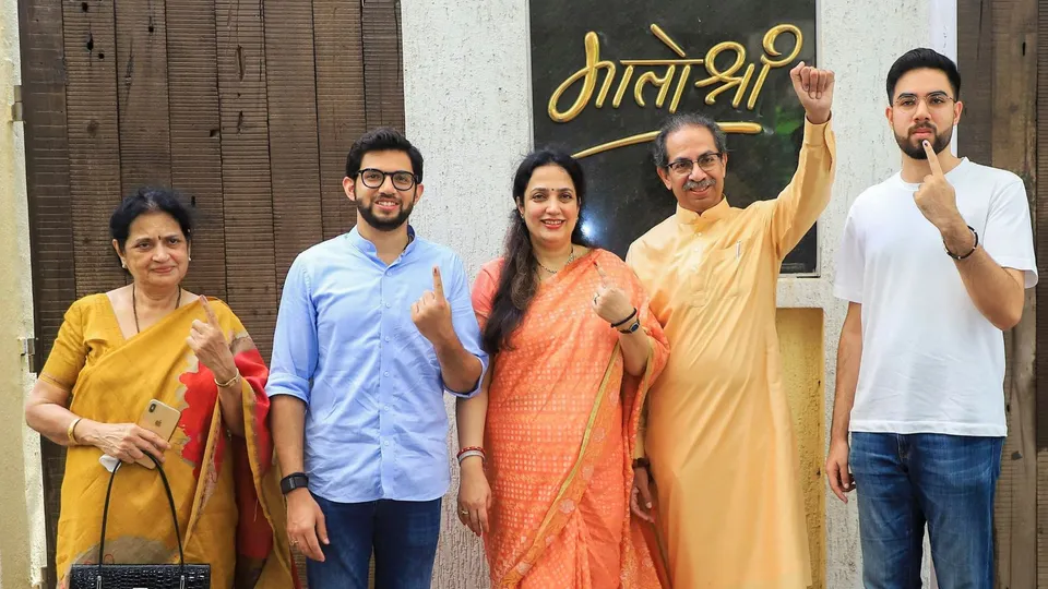 Former Maharashtra chief minister Uddhav Thackeray with wife Rashmi Thackeray and sons Aaditya Thackeray and Tejas Thackeray after casting his vote during the fifth phase of Lok Sabha elections, in Mumbai, Monday, May 20, 2024